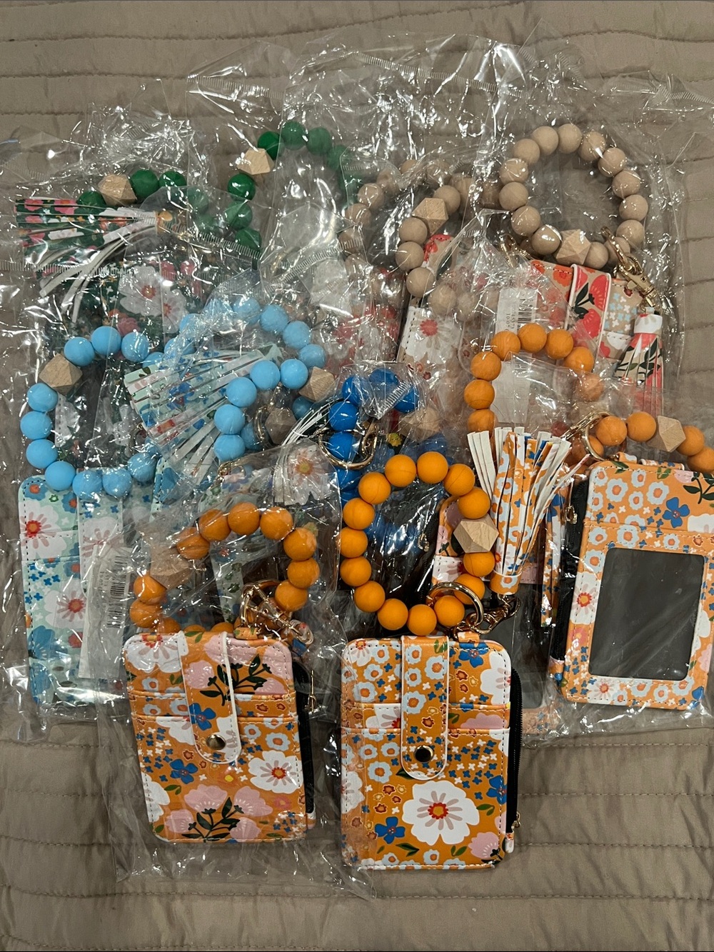 14pc  Floral Card Holder Keychain with Orange Beaded Wristlet